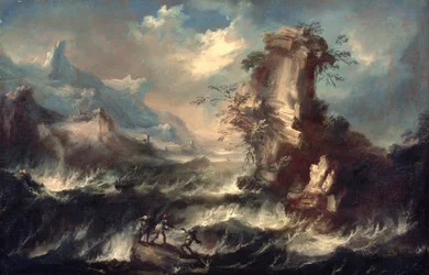 Paesaggio marino italiano con rocce e figure